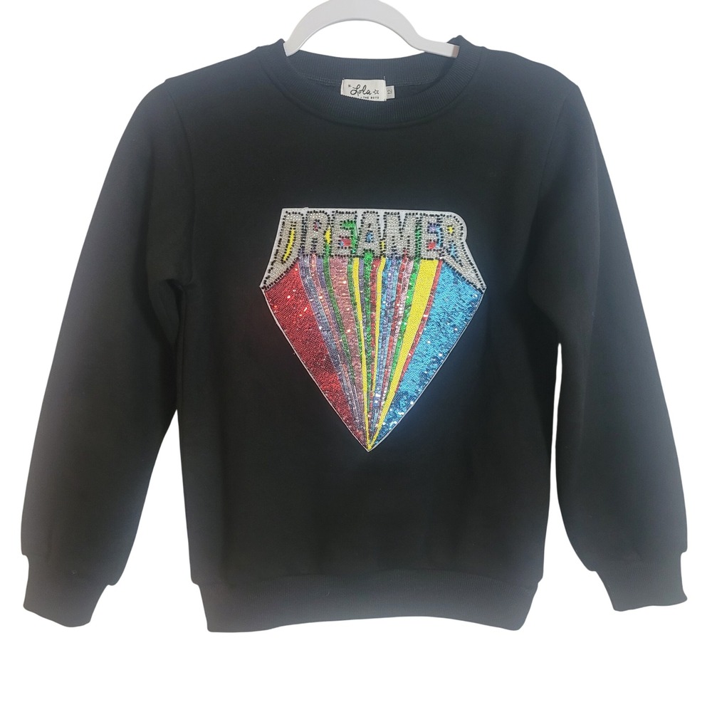 Lola + The Boys Dreamer Rainbow Sequin Beaded Black Sweatshirt Kids Size 12